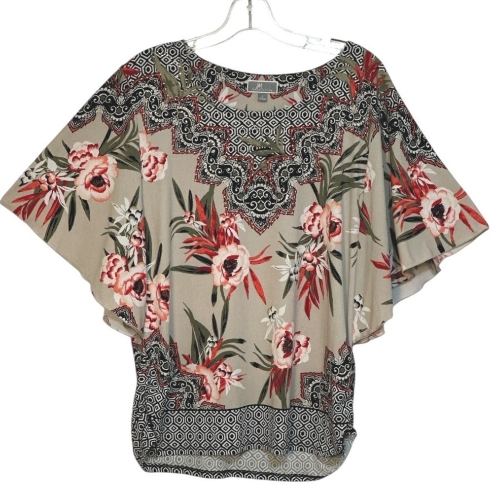 JM Collection Blouse Beige Floral‎ Butterfly Sleeve Romantic Boho Coquettecore L